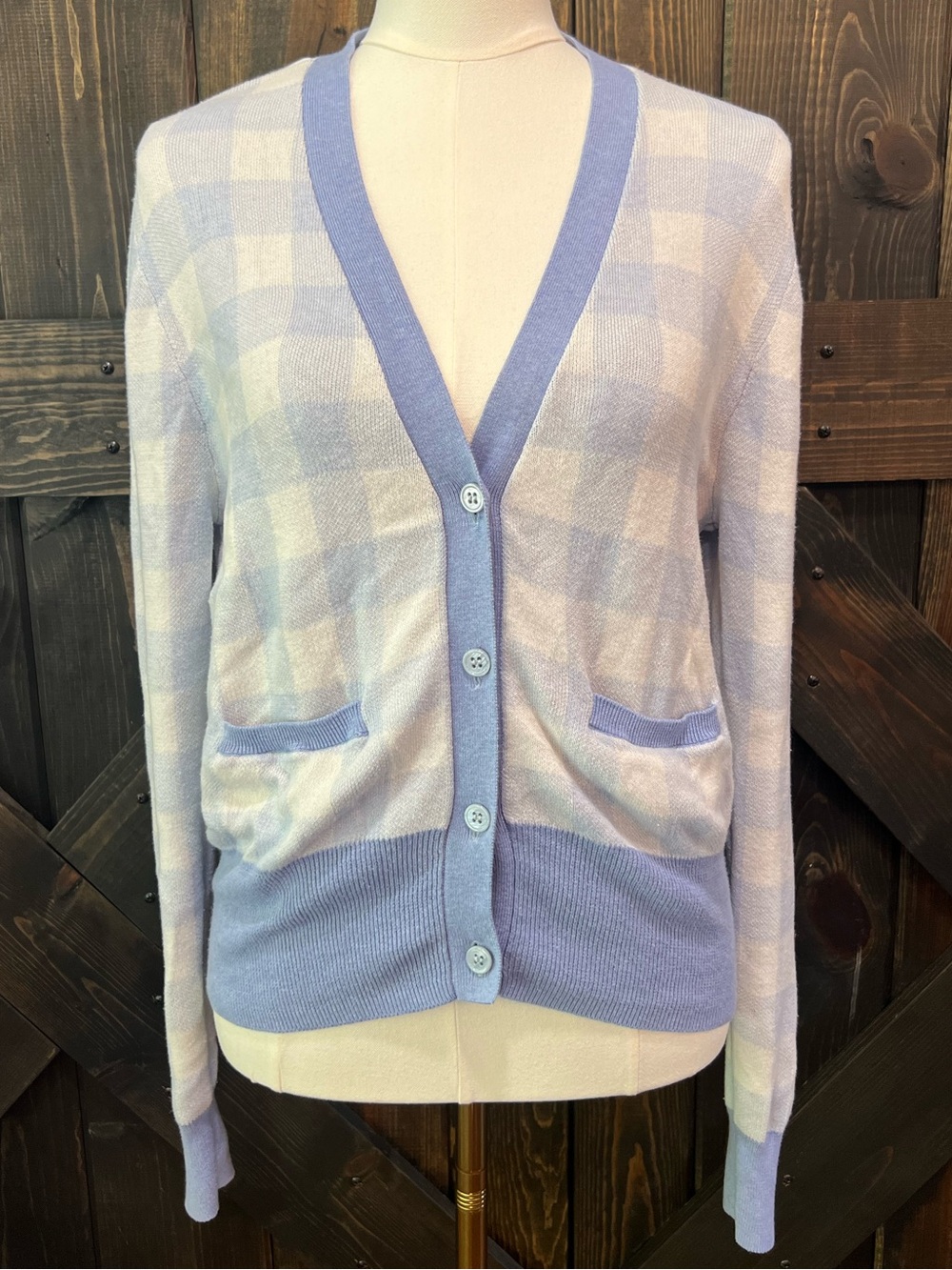 WISPR Blue Gingham Plaid Silk Blend Button Cardigan Sweater XL Pastel Periwinkle